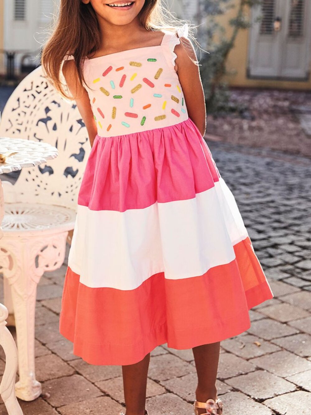 Mini Boden Sprinkle Frill Sleeve Girls Colorful Dress Size 7-8
